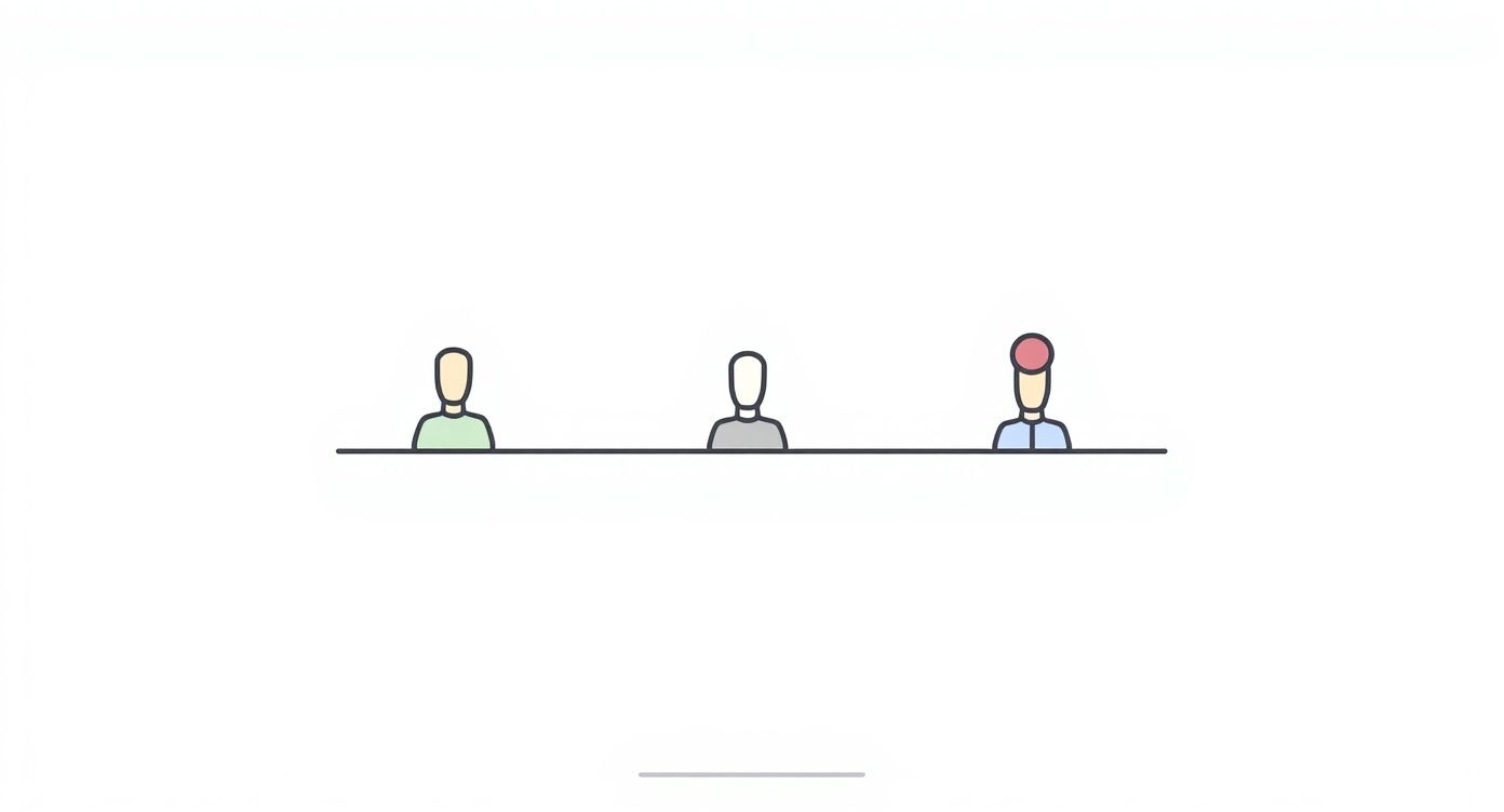 Três pessoas estilizadas com cores diferentes em fila, representando uma linha de espera ou grupo.