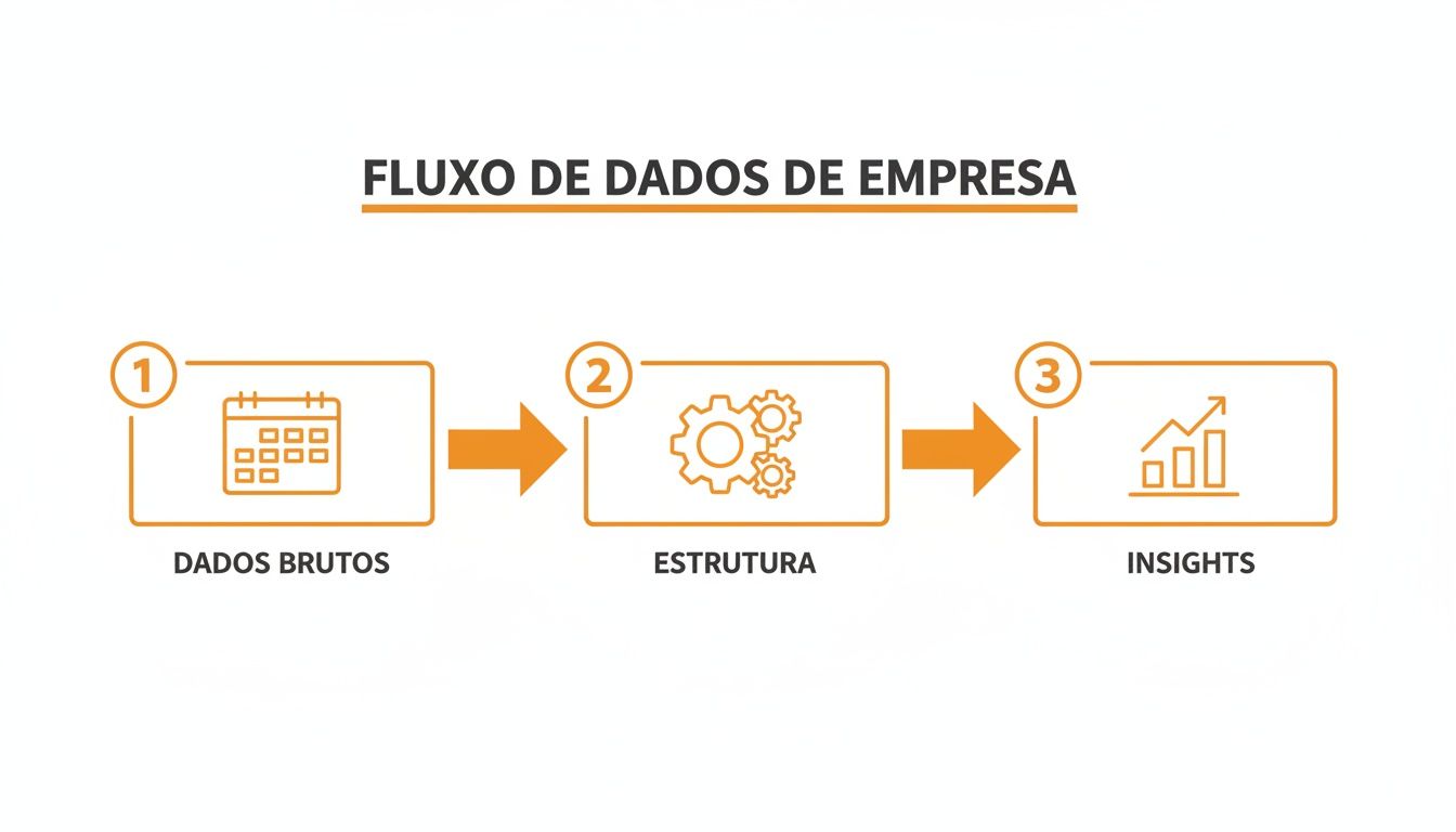 Diagrama visual do fluxo de dados da empresa, mostrando as etapas de dados brutos, estrutura e insights.