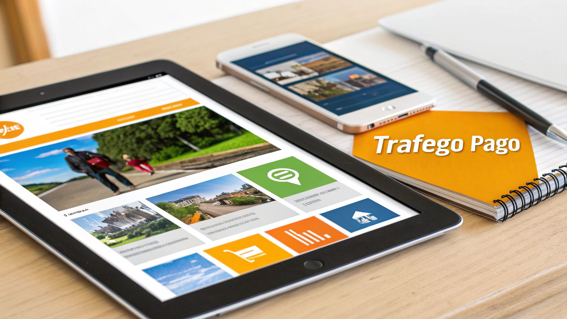 Uma mesa de trabalho com tablet exibindo site, smartphone, notebook amarelo com 'Trafego Pago' e caneta.