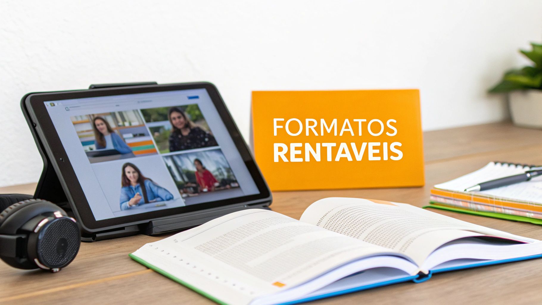Mesa com tablet exibindo videochamada, fones de ouvido, livro aberto e placa "FORMATOS RENTÁVEIS".