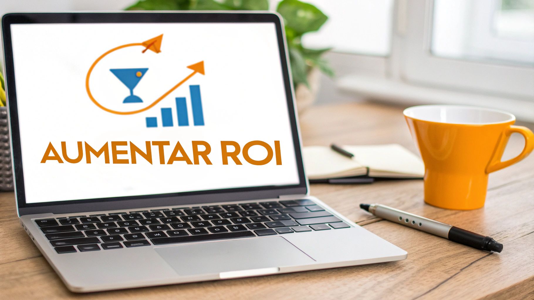 Laptop exibindo 'AUMENTAR ROI' com gráfico e ícone de copo, sobre mesa de madeira com caneca e caneta.