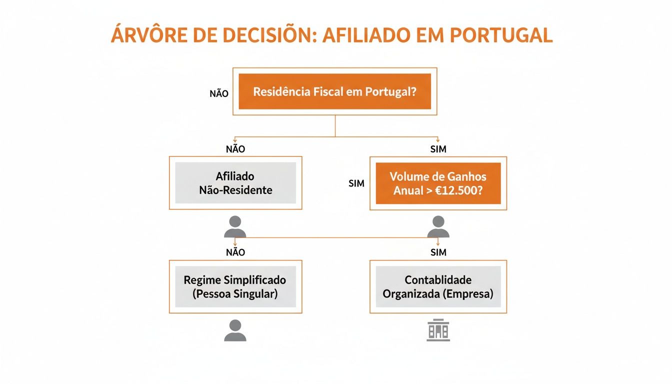Árvore de decisão para afiliados em Portugal, determinando o regime fiscal por residência e ganhos anuais.