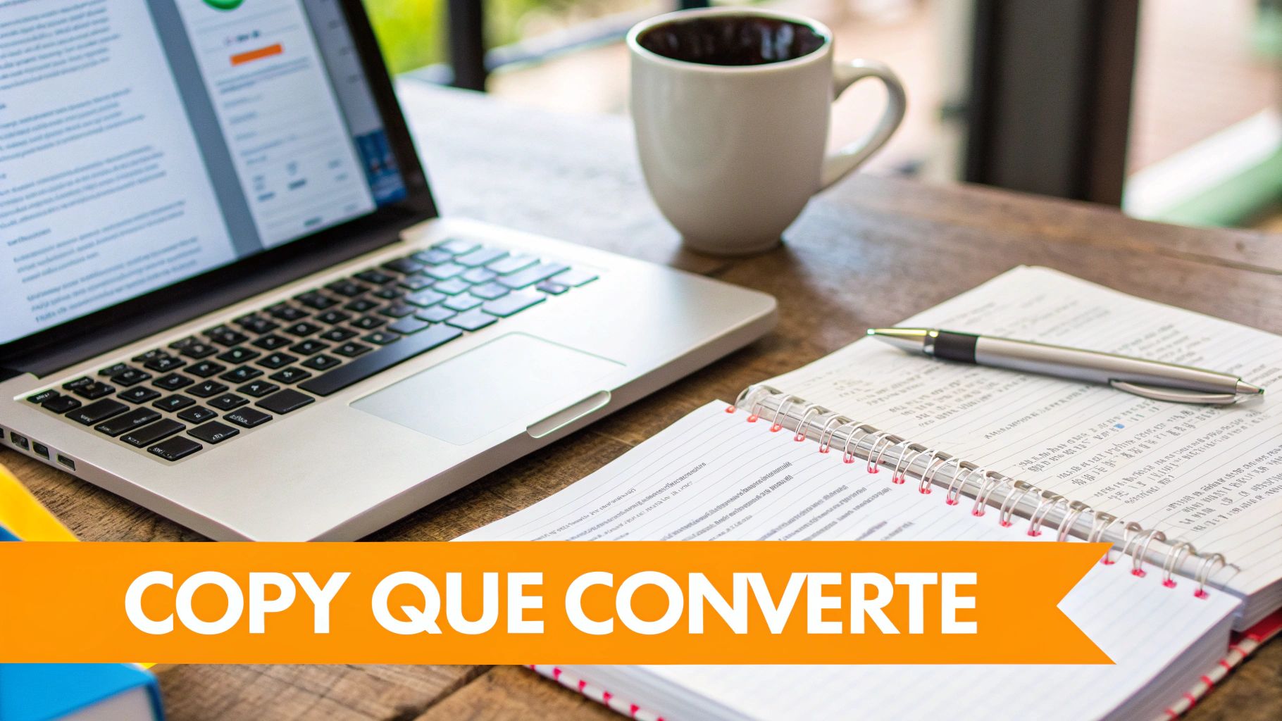 Mesa de trabalho com laptop, caneca de café, caderno e caneta, com banner laranja 'COPY QUE CONVERTE'.