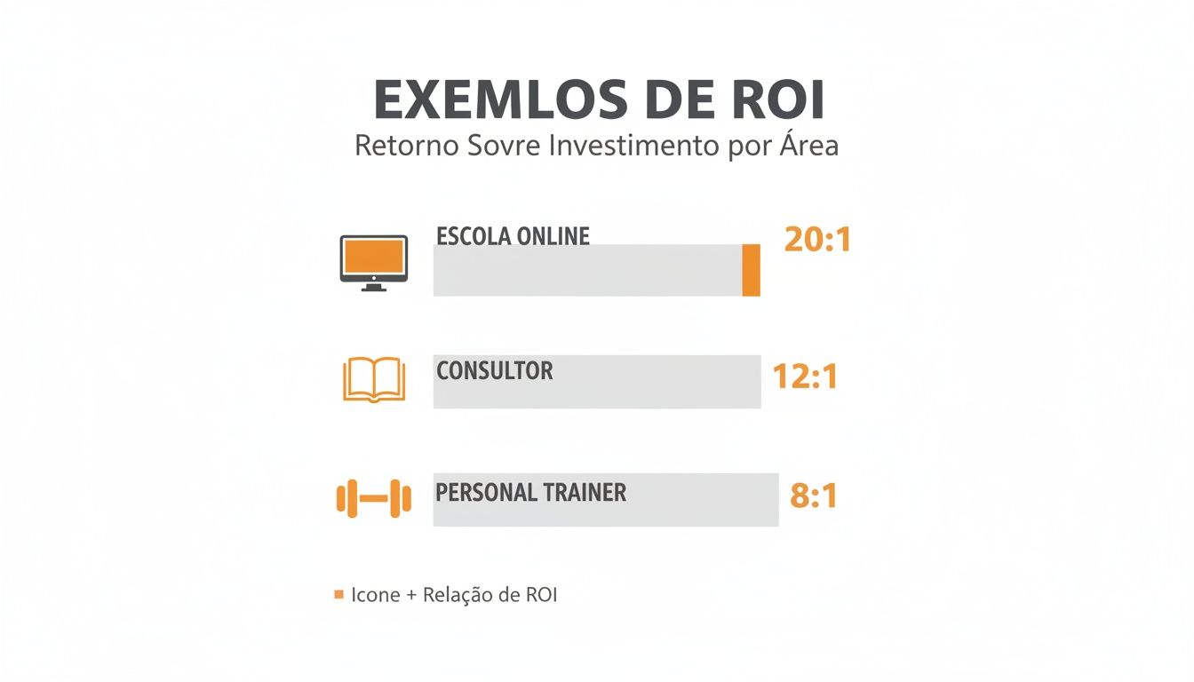 Exemplos de Retorno Sobre Investimento (ROI) por área, mostrando Escola Online (20:1), Consultor (12:1) e Personal Trainer (8:1).
