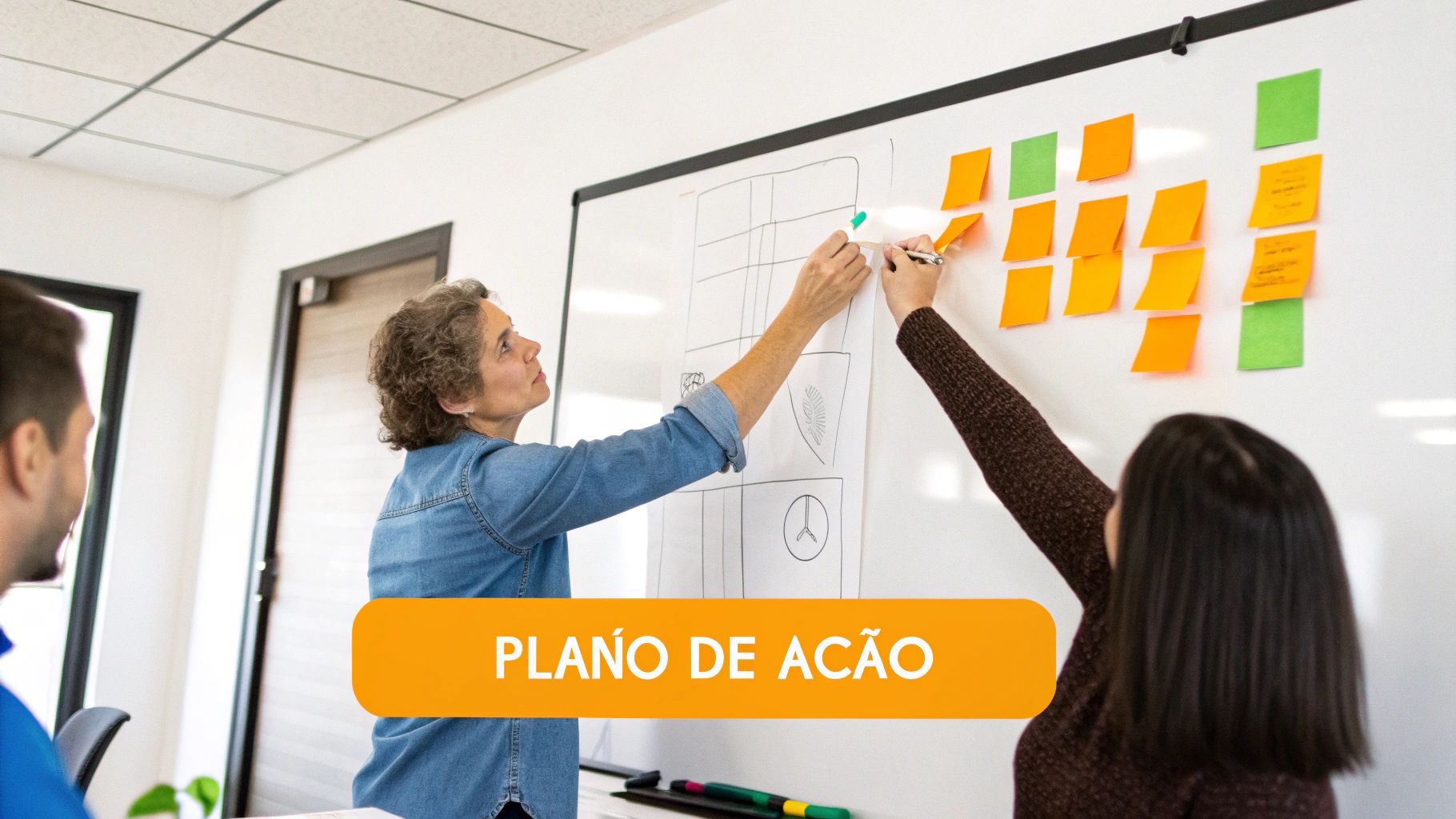 Duas mulheres colaboram em um quadro branco com notas adesivas coloridas e desenhos, enquanto um homem observa, exibindo a frase 'PLANO DE AÇÃO'.
