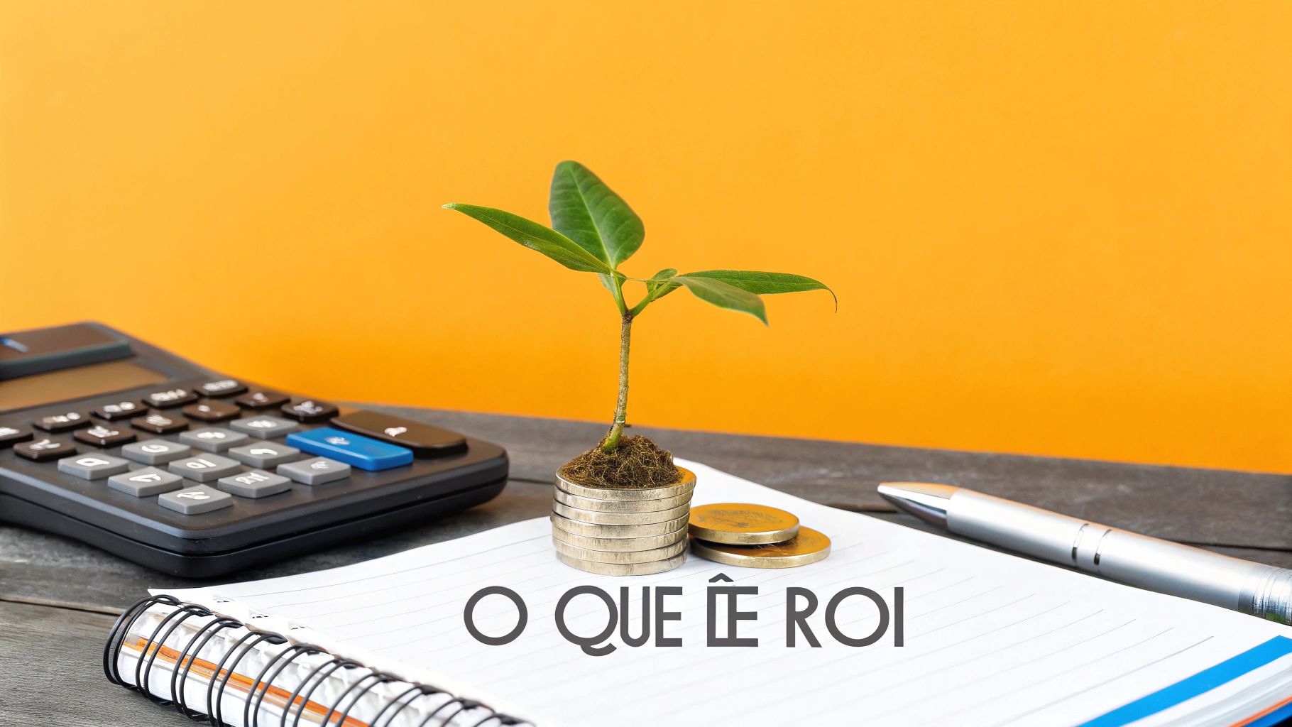 Calculadora, caderno com texto 'O QUE É ROI', caneta e planta crescendo em moedas, simbolizando crescimento financeiro e retorno.