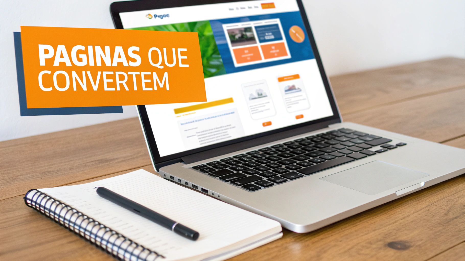 Laptop com site de 'Páginas que Convertem', caderno e caneta em mesa de madeira, otimizando resultados digitais.