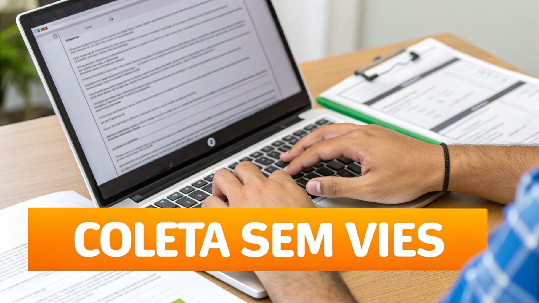 Pessoa digitando em um laptop com documentos e uma área de transferência em uma mesa de madeira, com o texto 'COLETA SEM VIES' em um banner laranja.