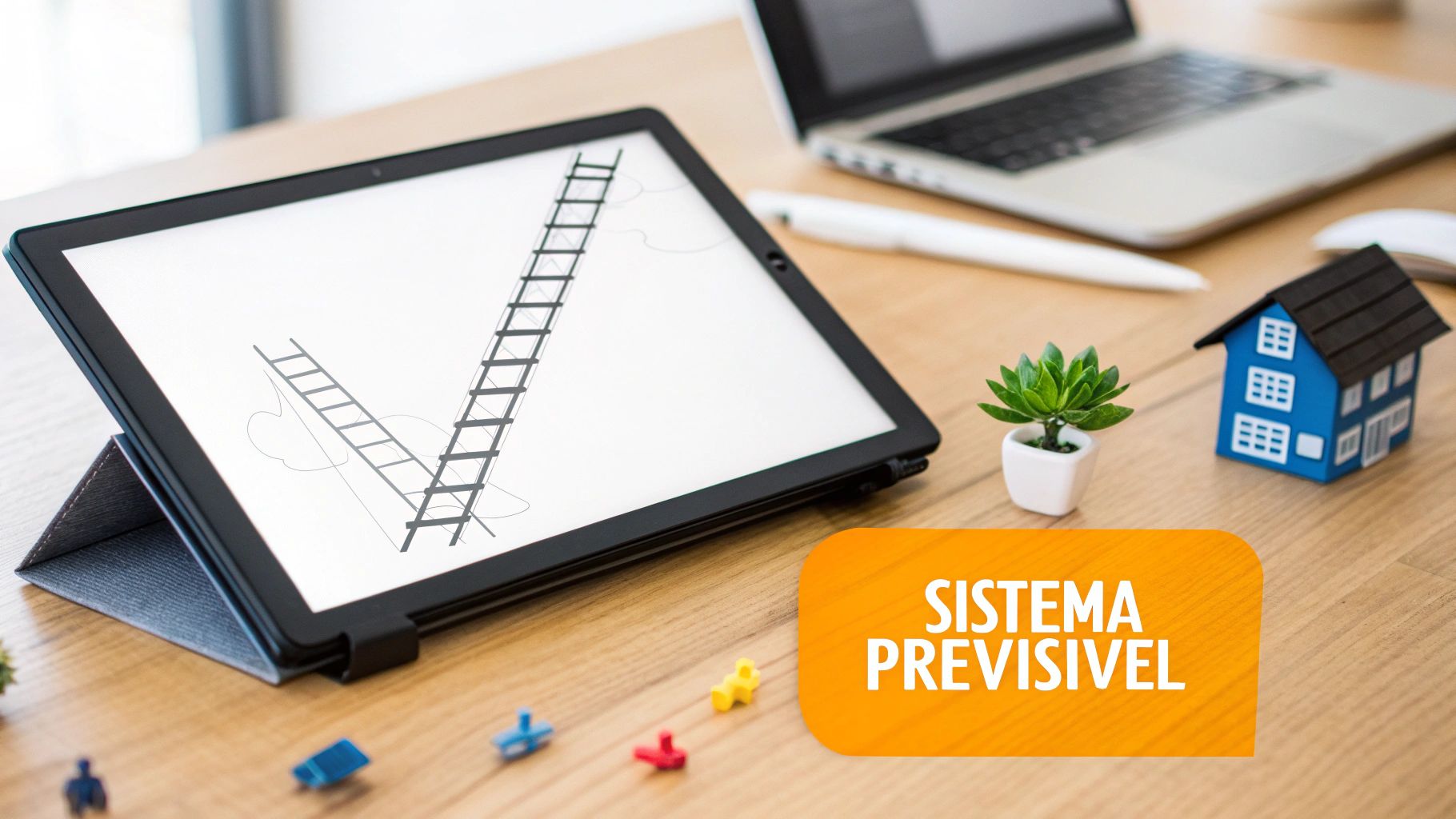 Tablet com desenho de escadas, laptop, planta, casa em miniatura e texto 'SISTEMA PREVISÍVEL' em mesa de madeira.