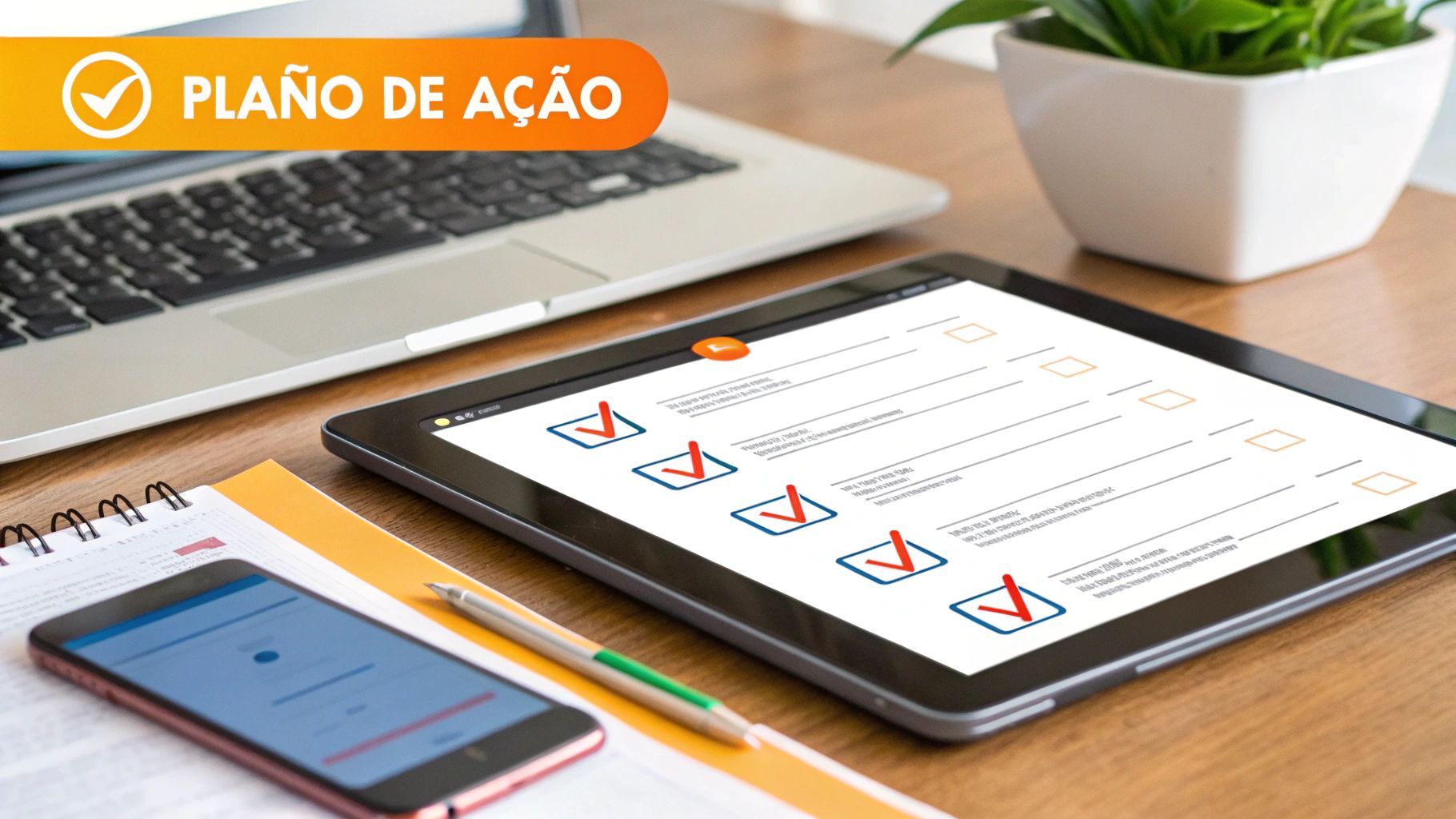 Checklist numa prancheta com itens de marketing digital.
