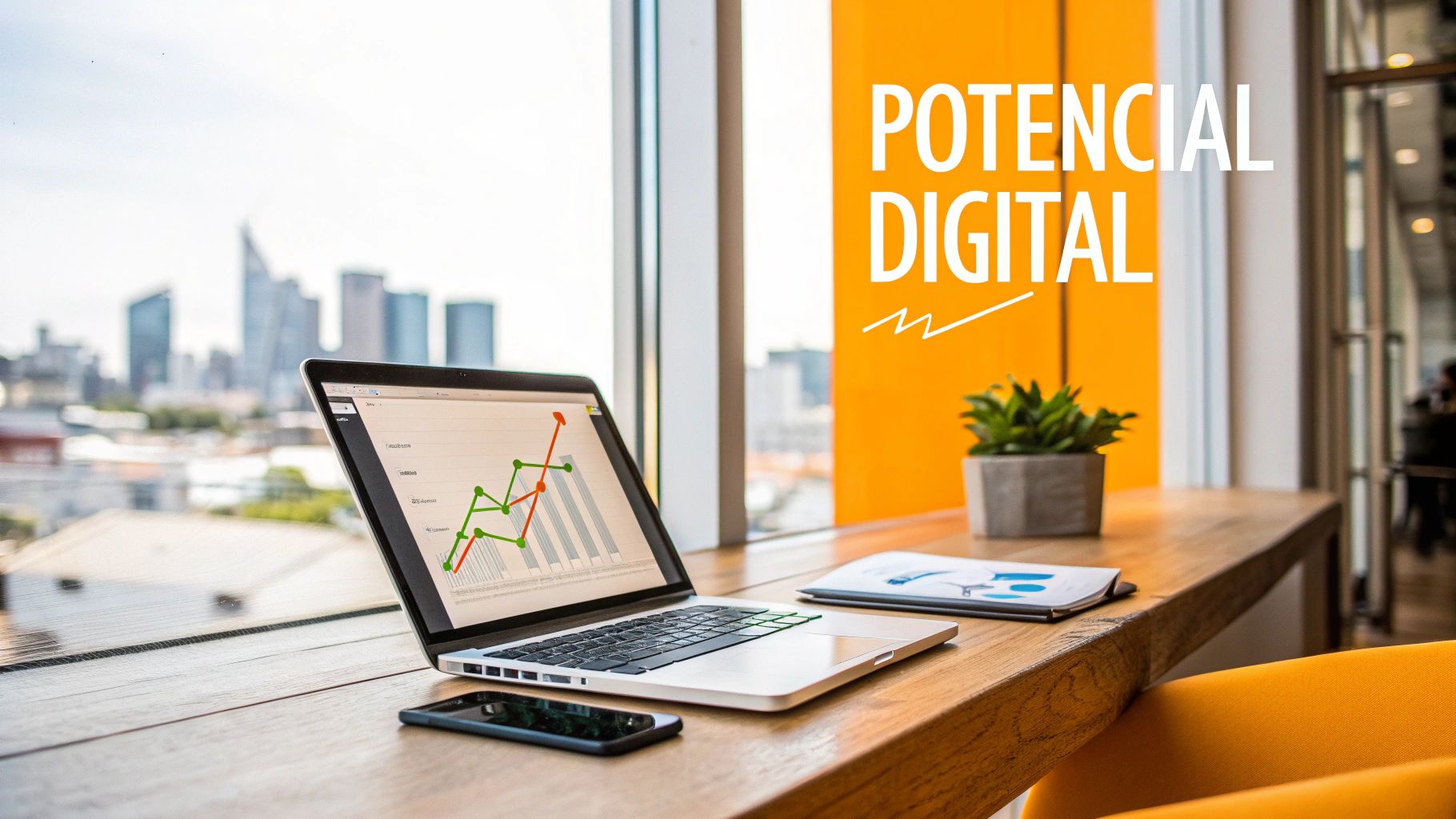 Mesa de trabalho com laptop exibindo gráficos, smartphone e vista panorâmica da cidade com a frase 'POTENCIAL DIGITAL'.