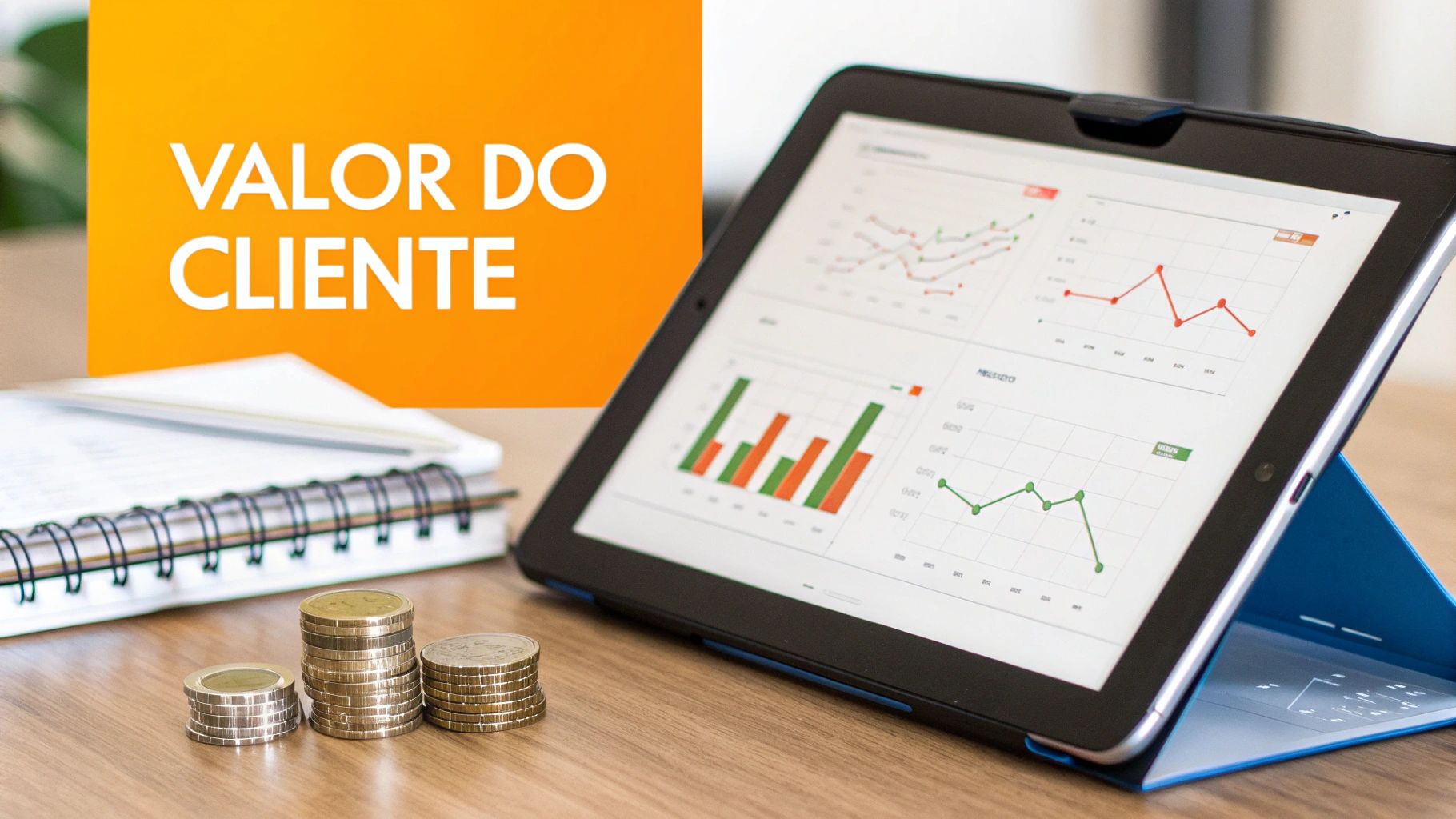 Tablet com gráficos e moedas empilhadas em uma mesa, acompanhado da frase "VALOR DO CLIENTE" em destaque.
