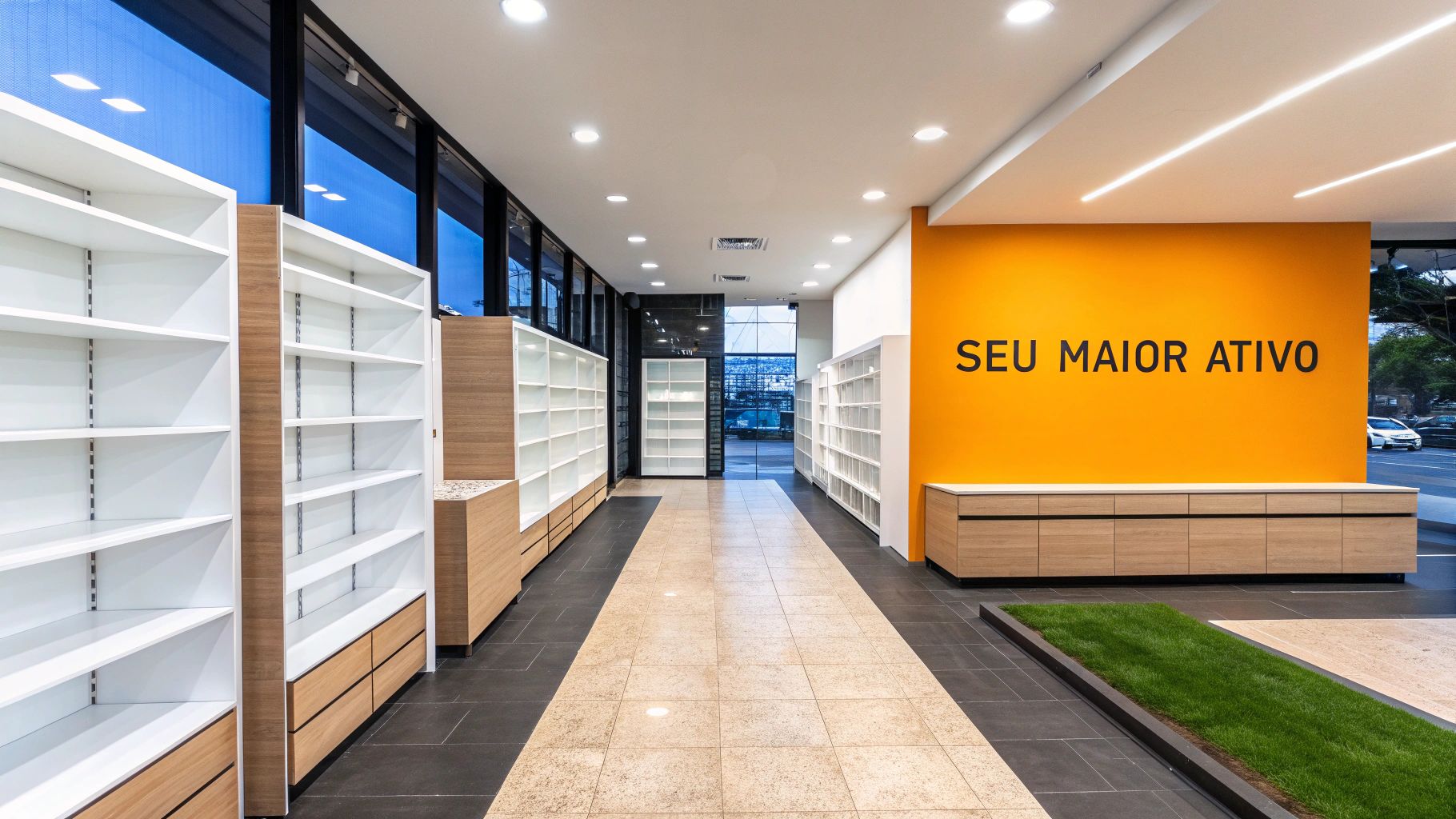 Interior de uma loja ou farmácia moderna e vazia com prateleiras brancas, armários de madeira e uma parede laranja com a frase "SEU MAIOR ATIVO".