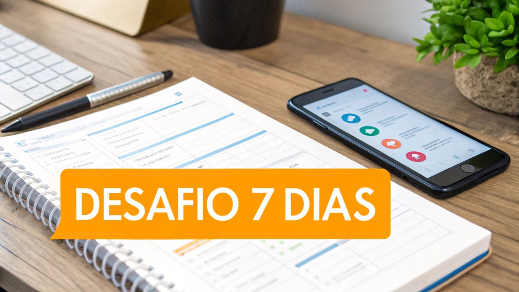 Mesa de trabalho organizada com caderno, caneta, celular e planta, destacando o texto 'DESAFIO 7 DIAS'.