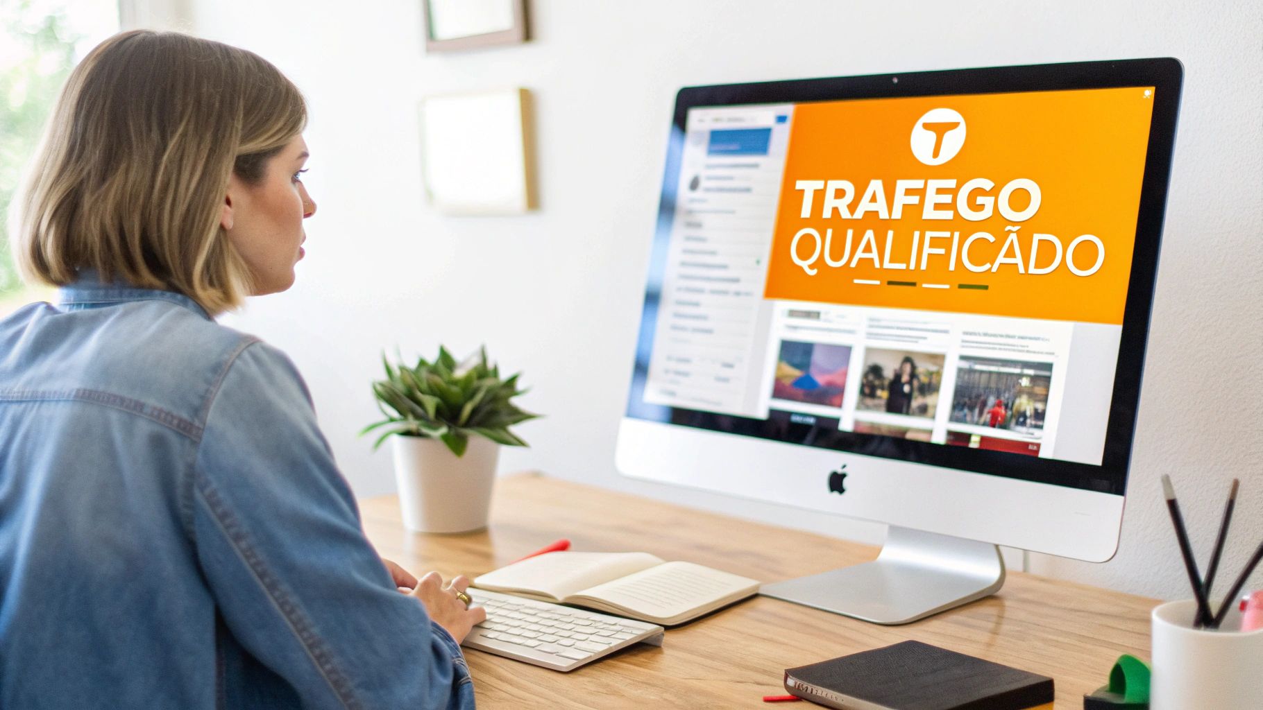Mulher em blusa jeans trabalhando em computador desktop, com a tela mostrando 'Tráfego Qualificado' em um escritório.
