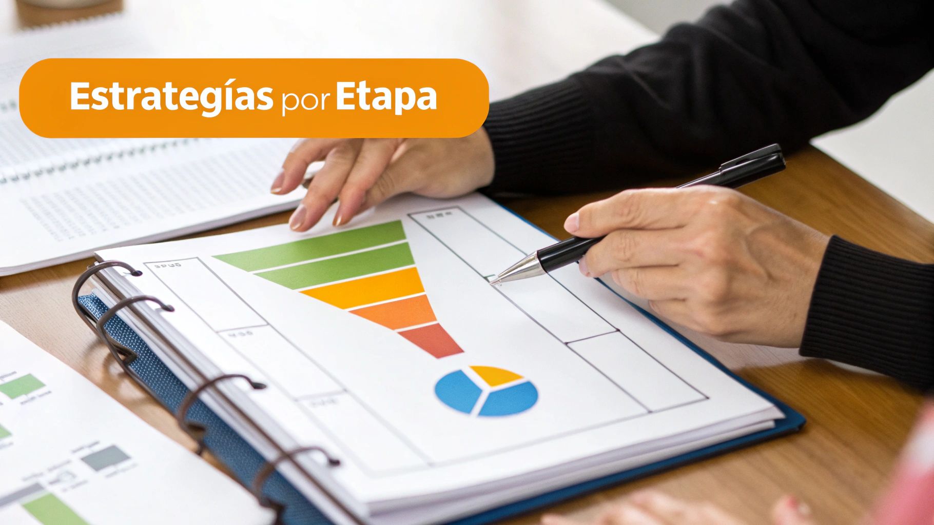 Pessoa analisando gráficos coloridos e estratégias por etapa em documento de planejamento de marketing