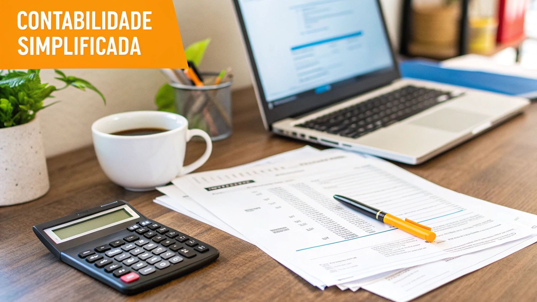 Mesa de escritório com laptop, calculadora, documentos, caneta e café, com texto 'Contabilidade Simplificada'.