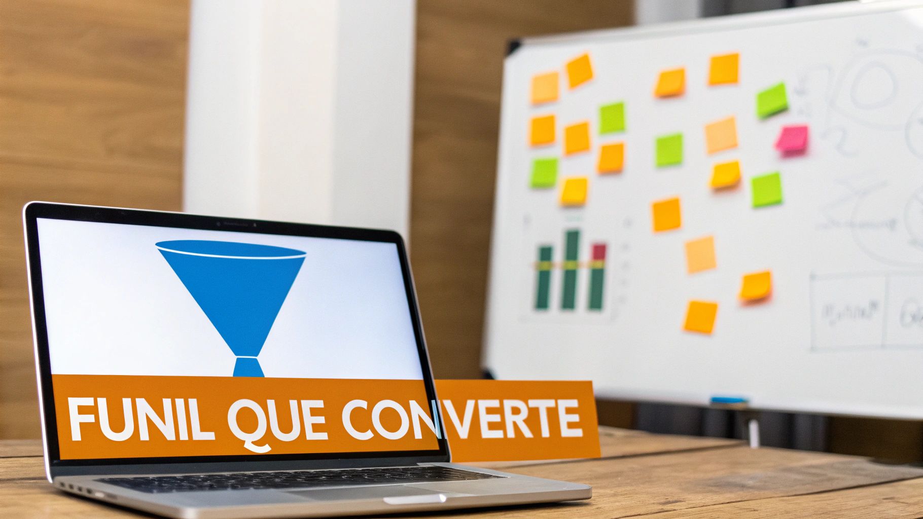 Laptop exibindo um ícone de funil azul e a frase "FUNIL QUE CONVERTE" em uma mesa de madeira.