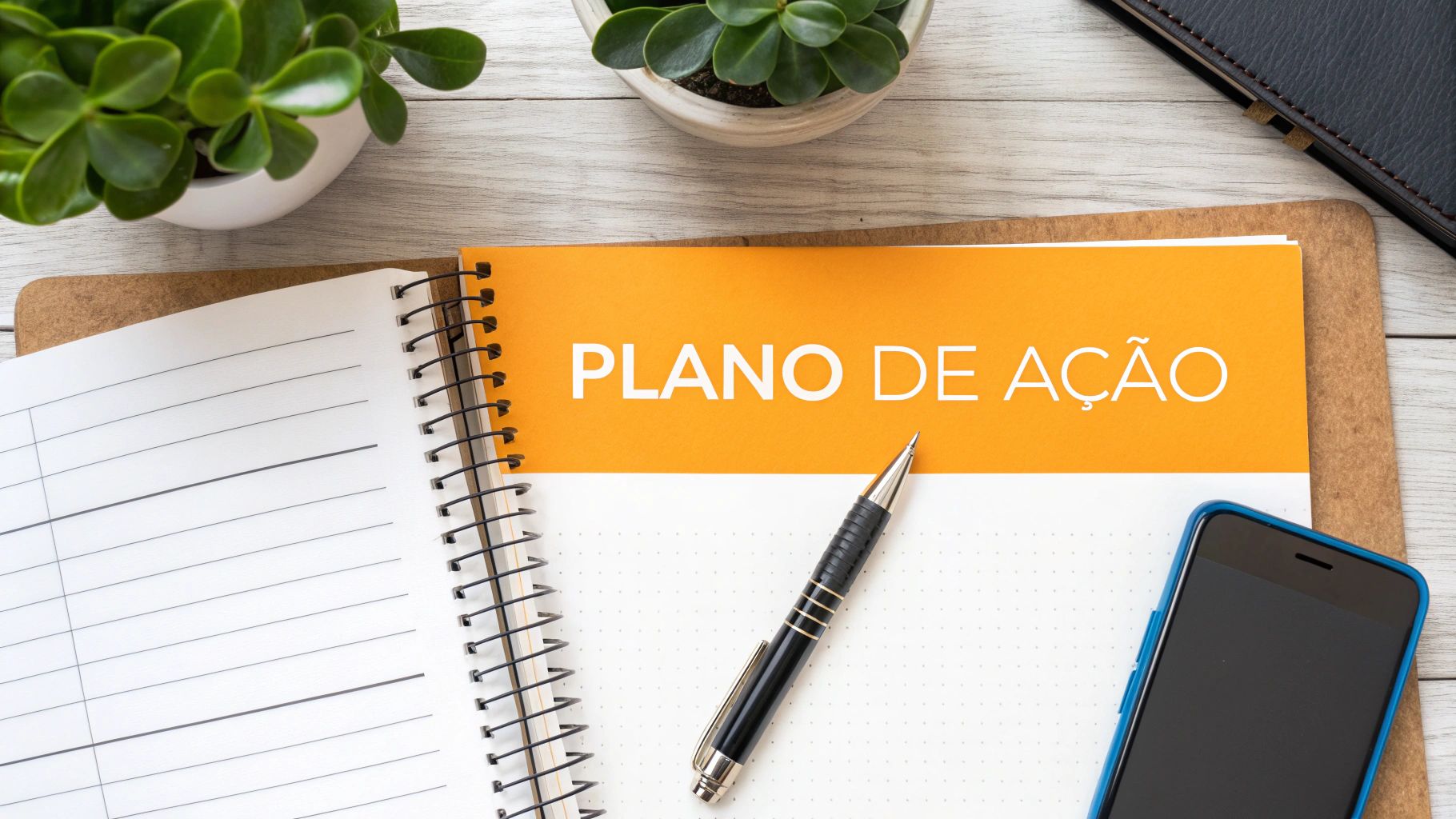 Um plano de ação com capa laranja, caneta, caderno, smartphone e plantas sobre uma mesa de madeira clara.