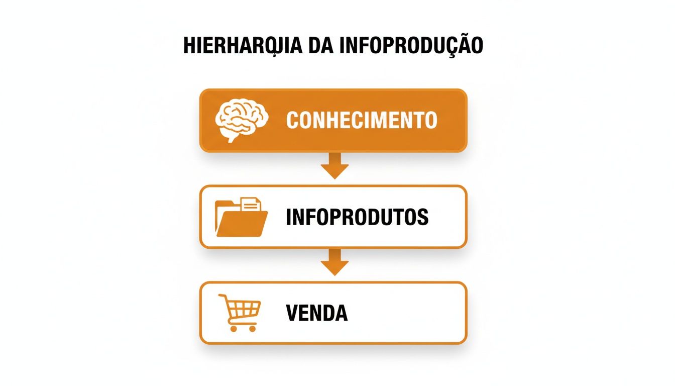 Diagrama da hierarquia da infoprodução, mostrando os passos de conhecimento, infoprodutos e venda.