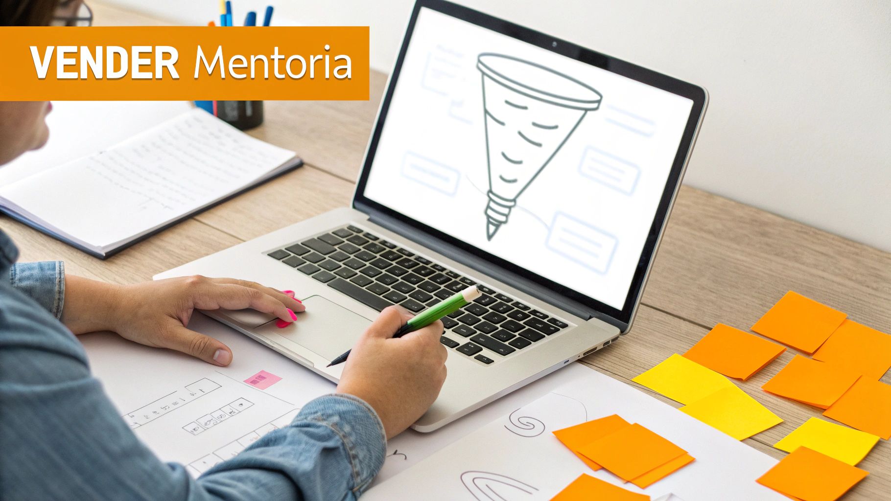 Pessoa em mesa trabalhando com laptop exibindo diagrama de funil e papéis. Banner laranja com 'VENDER Mentoria' visível no canto superior esquerdo.