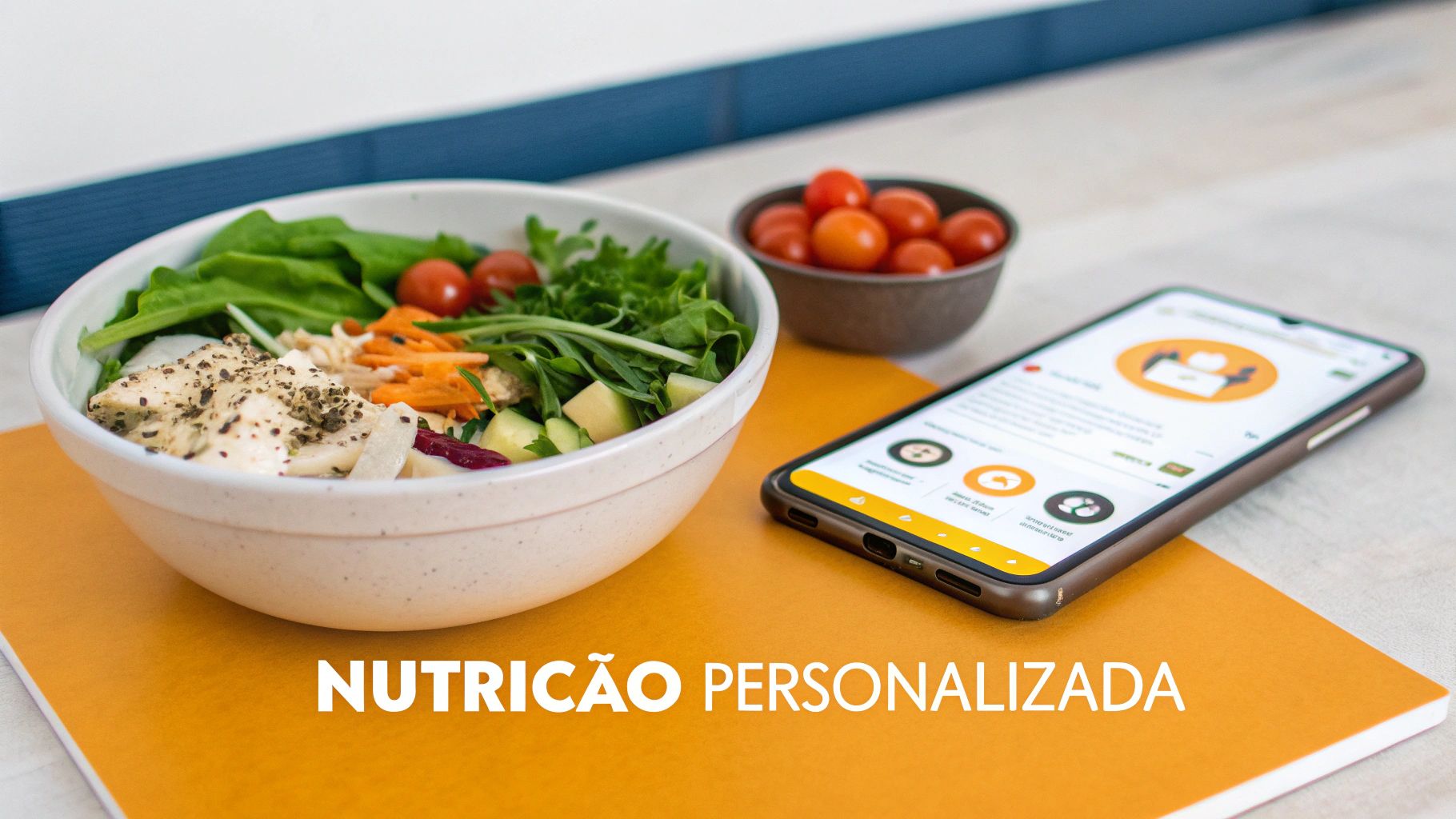 Salada colorida e smartphone com aplicativo de nutrição, destacando alimentação saudável e planos personalizados.