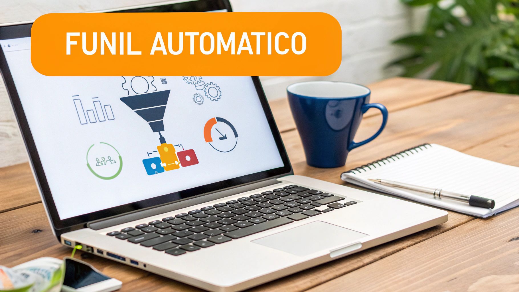 Um laptop exibe um funil de vendas automático com gráficos e métricas, ao lado de uma caneca azul e um caderno.