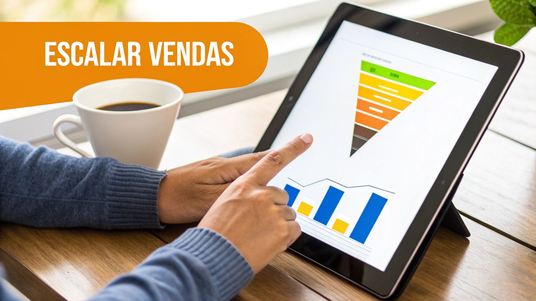 Uma pessoa analisando gráficos de vendas e um funil de vendas em um tablet, com uma xícara de café ao lado e o texto 'Escalar Vendas'.