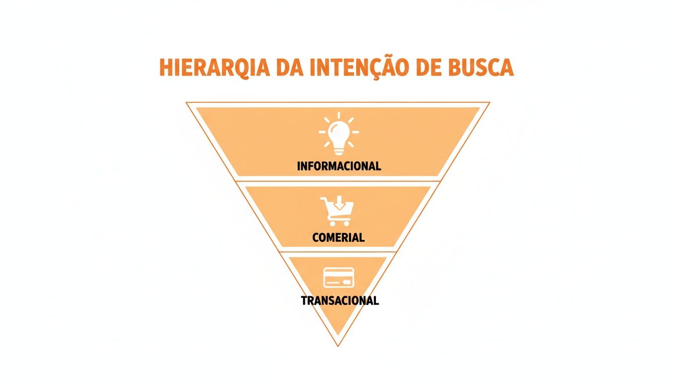 Infográfico de um funil mostrando a hierarquia da intenção de busca: informacional, comercial e transacional.