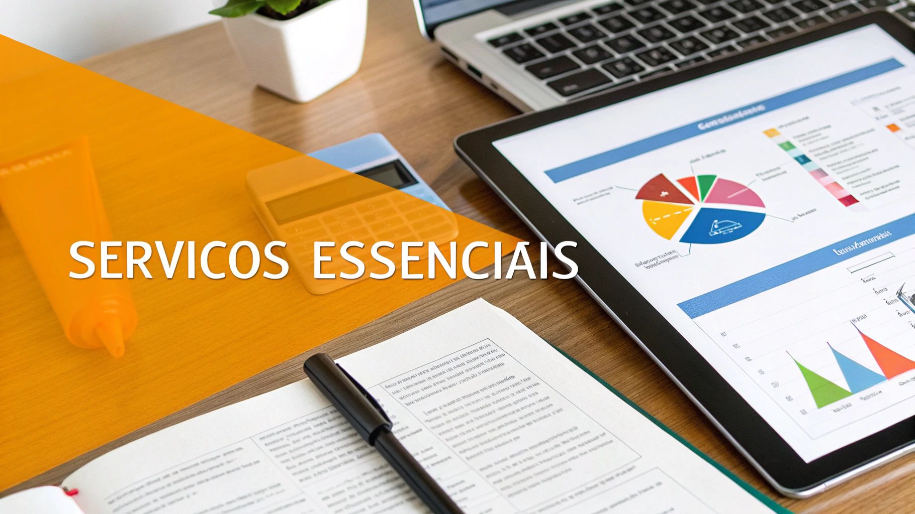 Mesa de escritório com laptop, tablet exibindo gráficos, calculadora e documentos, com o texto 'Serviços Essenciais'.
