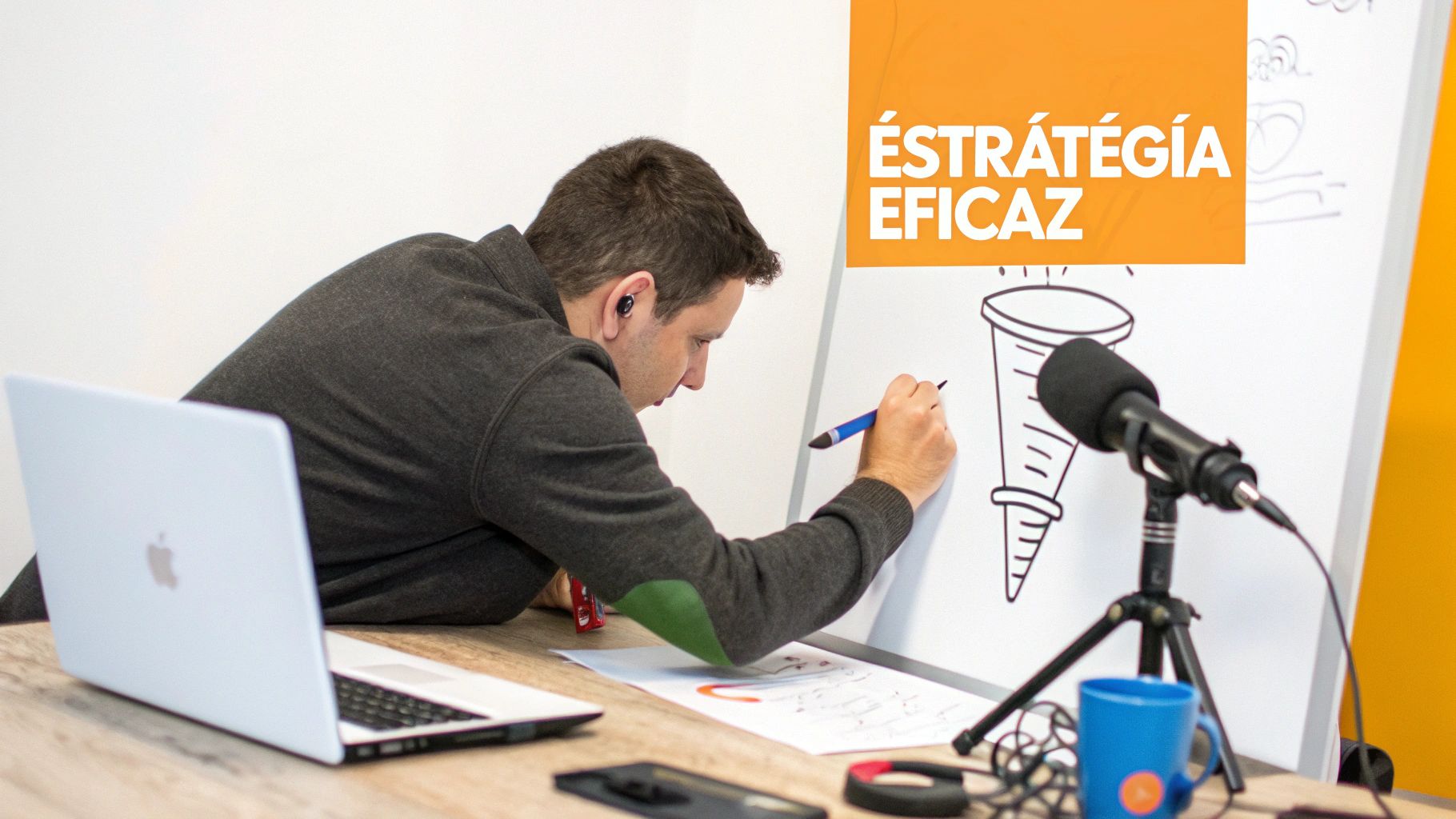 Homem com fone de ouvido desenha um funil em quadro branco, com laptop e microfone na mesa.