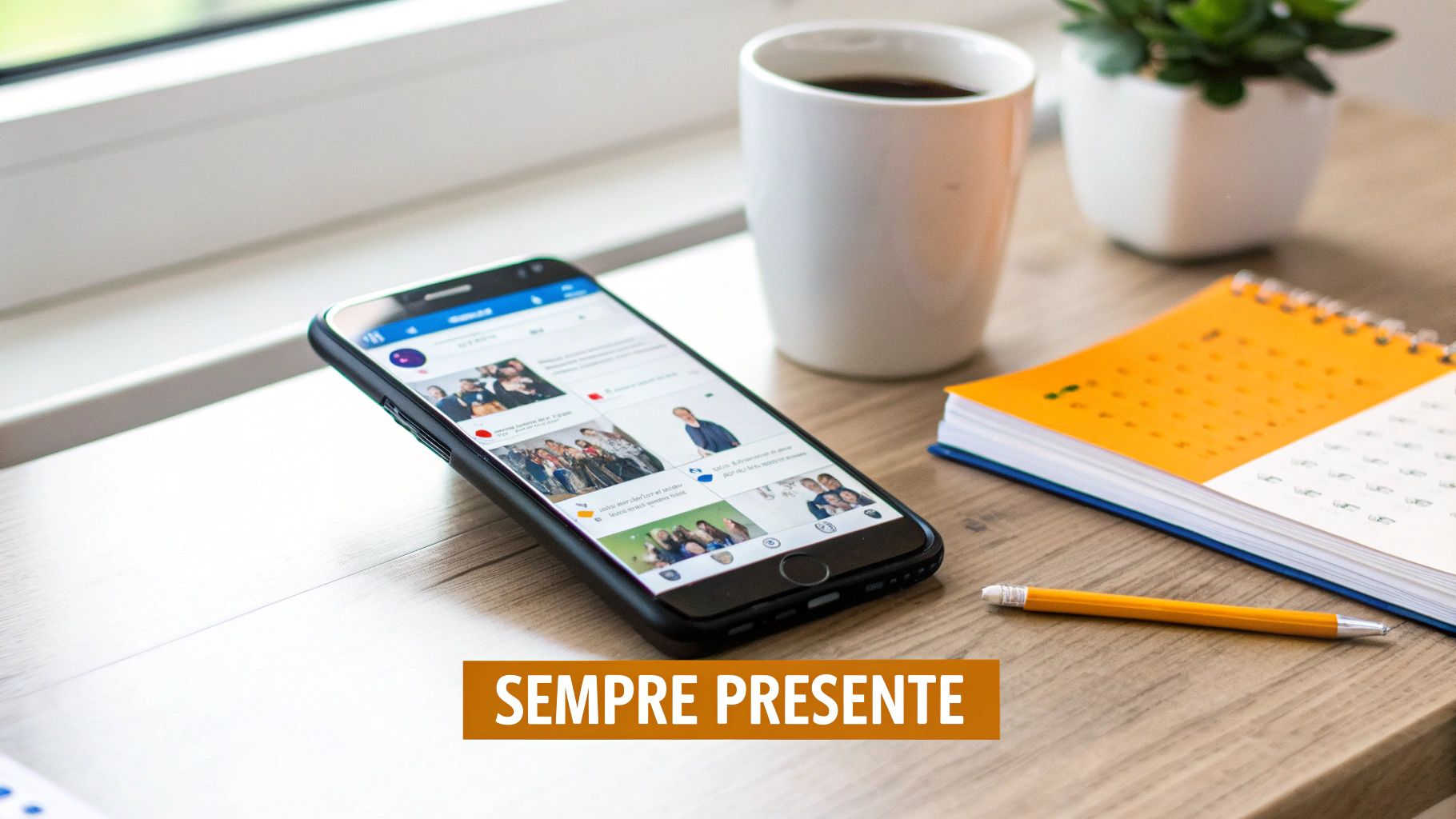 Smartphone com feed de redes sociais em mesa de madeira, com café, planta, planner e lápis, sugerindo trabalho e planejamento.