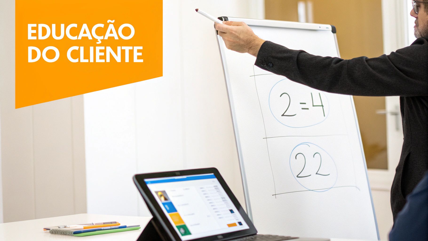 Um homem aponta para um quadro branco durante uma apresentação ou aula, com um tablet na mesa e um banner "EDUCAÇÃO DO CLIENTE".
