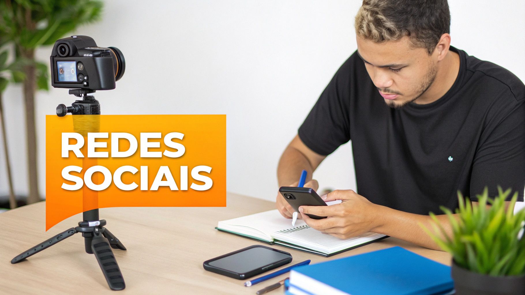 Homem cria conteúdo para redes sociais, escrevendo em um caderno, usando o celular, com uma câmera e um banner.