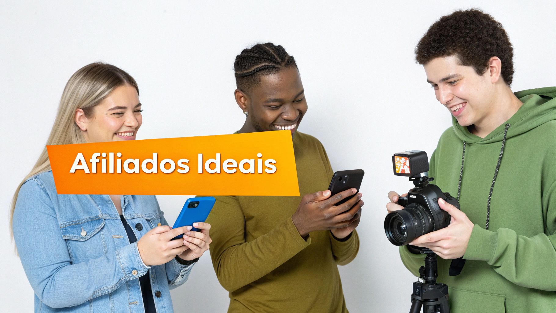 Pessoas a colaborar, representando o recrutamento e a motivação de afiliados.