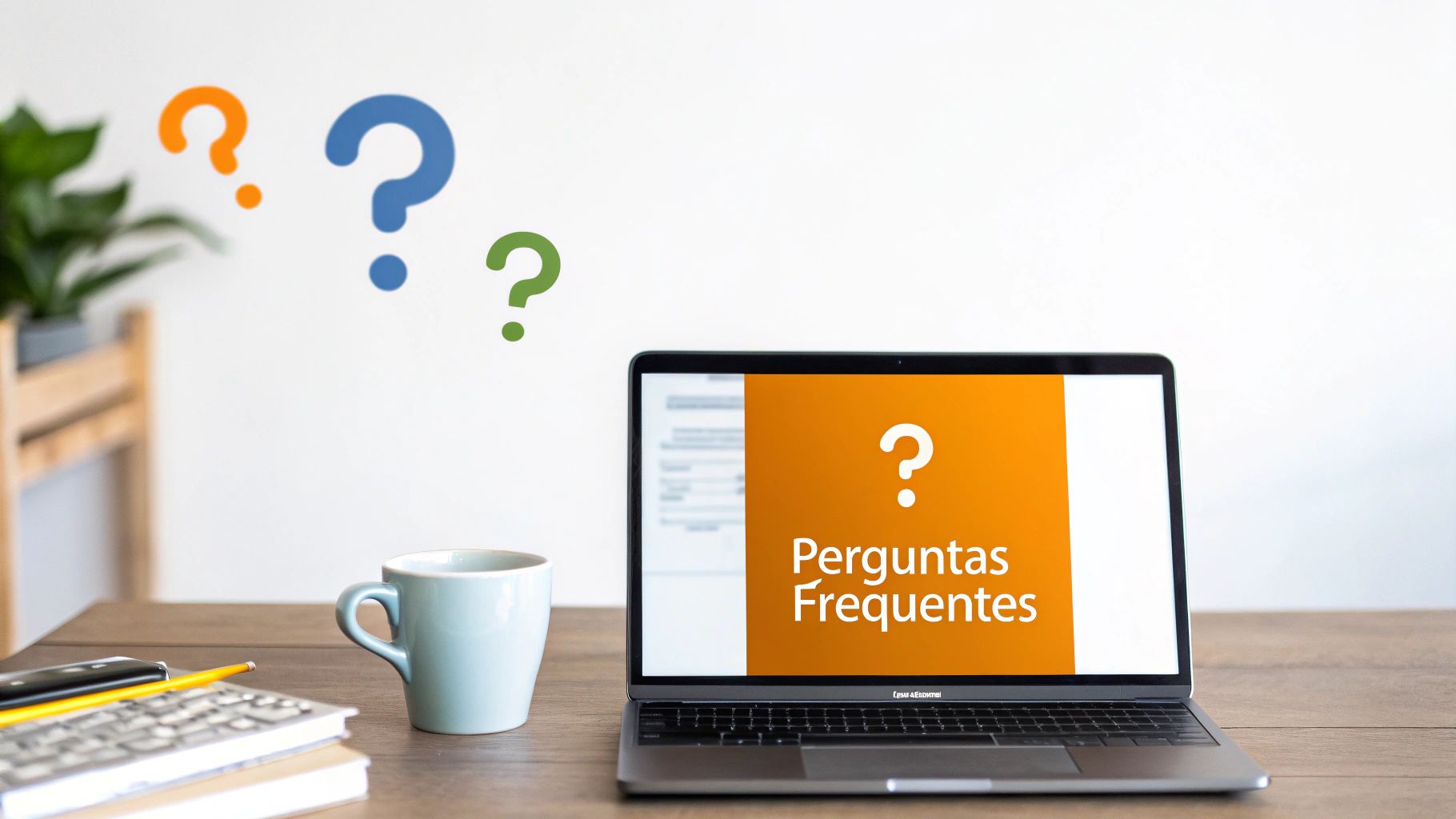 Um laptop em uma mesa de madeira exibe 'Perguntas Frequentes' com pontos de interrogação coloridos flutuantes.