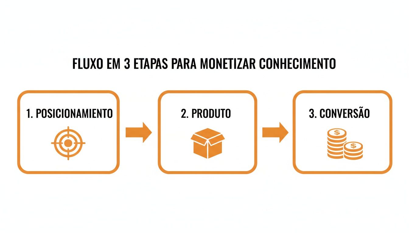 Diagrama mostrando um fluxo de 3 etapas para monetizar conhecimento: Posicionamento, Produto e Conversão.