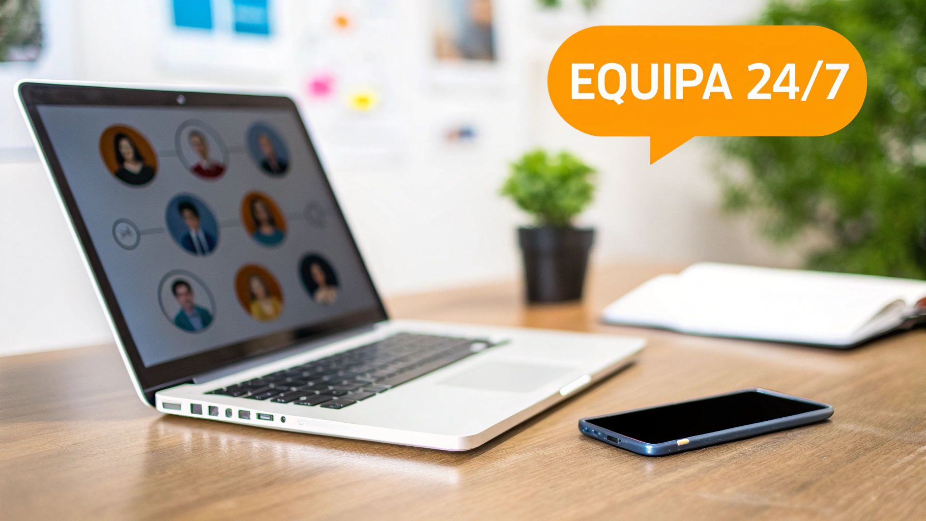 Laptop, smartphone e anotações em mesa de madeira com balão de fala 'EQUIPA 24/7', mostrando colaboração e trabalho remoto.