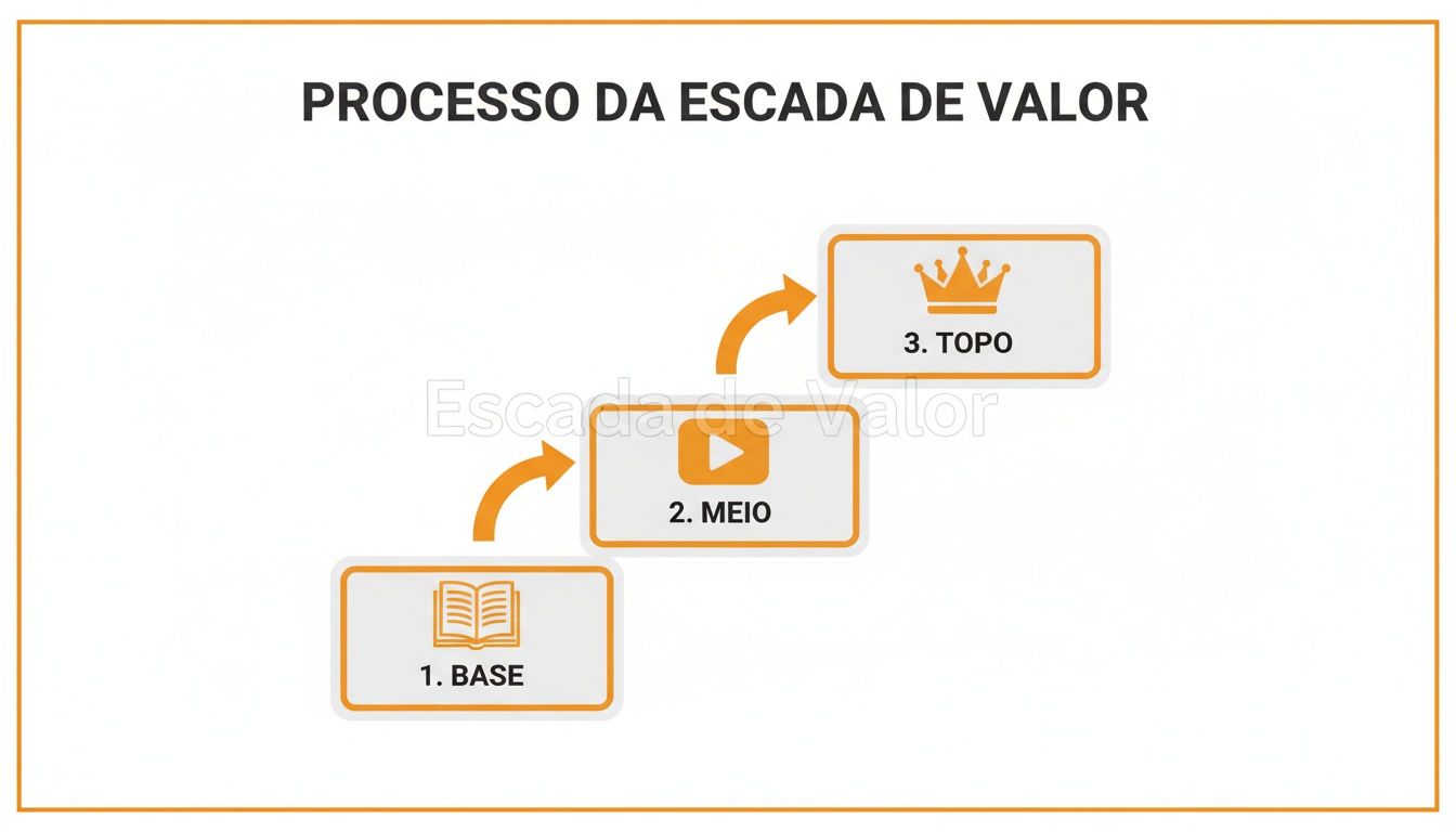 Um diagrama do Processo da Escada de Valor, mostrando três etapas: Base com livro, Meio com vídeo e Topo com coroa, conectadas por setas.
