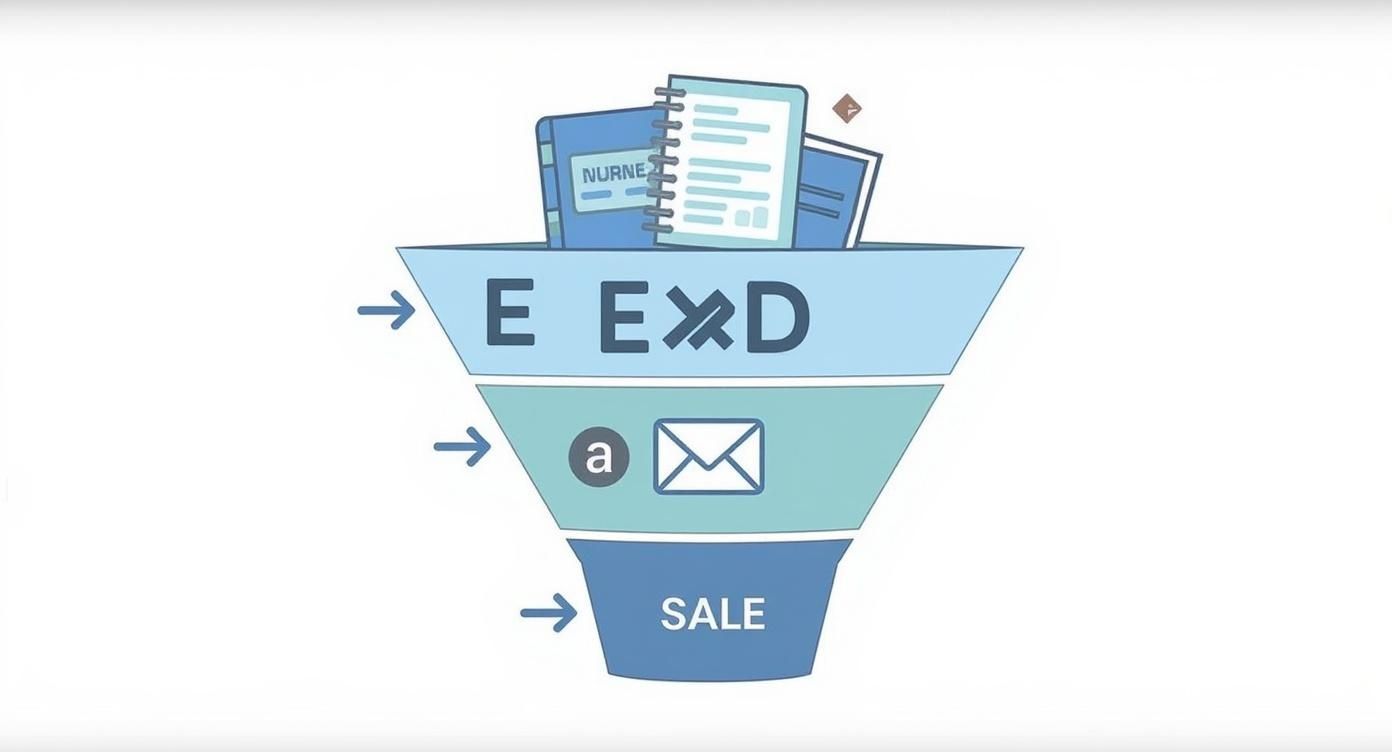 Funil de vendas mostrando o processo de conversão de ebooks em vendas através de email marketing