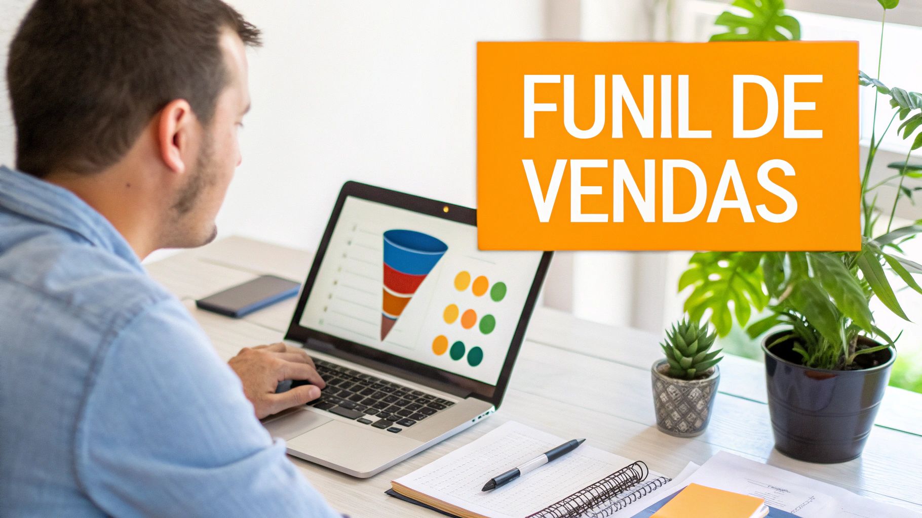 Homem trabalhando em um laptop que exibe um gráfico de funil de vendas e texto 'FUNIL DE VENDAS'.