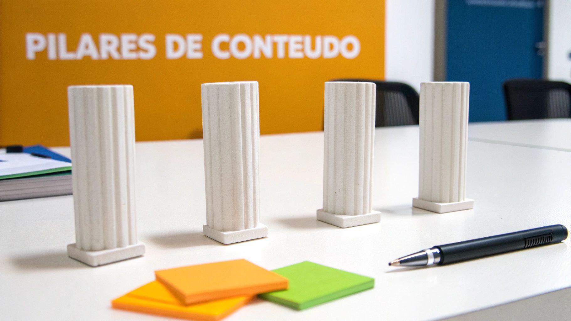 Quatro pilares brancos em miniatura sobre uma mesa, com o texto 'PILARES DE CONTEÚDO' ao fundo, e materiais de escritório.