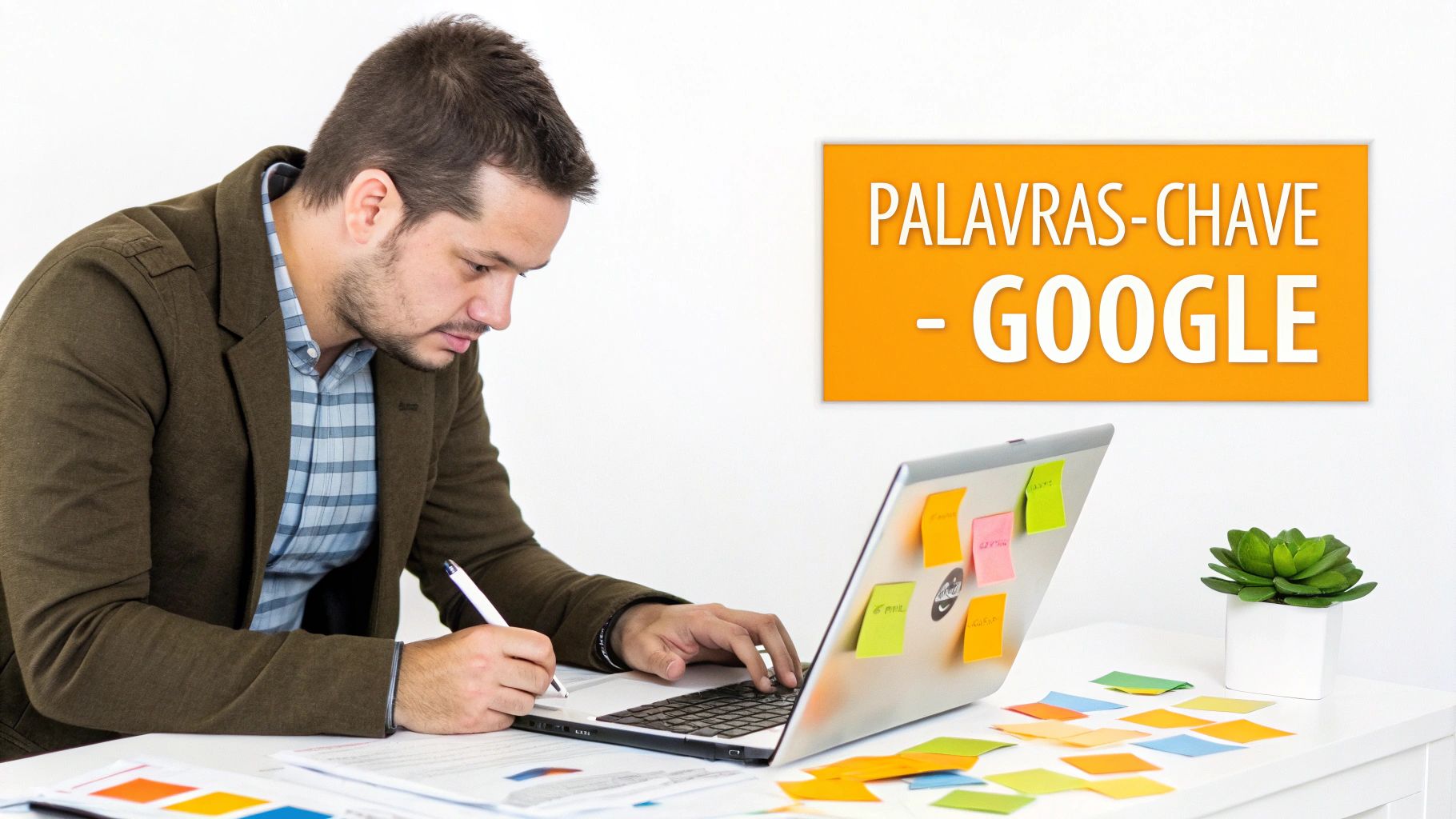Homem trabalhando em laptop e papel, pesquisando ou planejando palavras-chave do Google, com post-its e banner informativo.