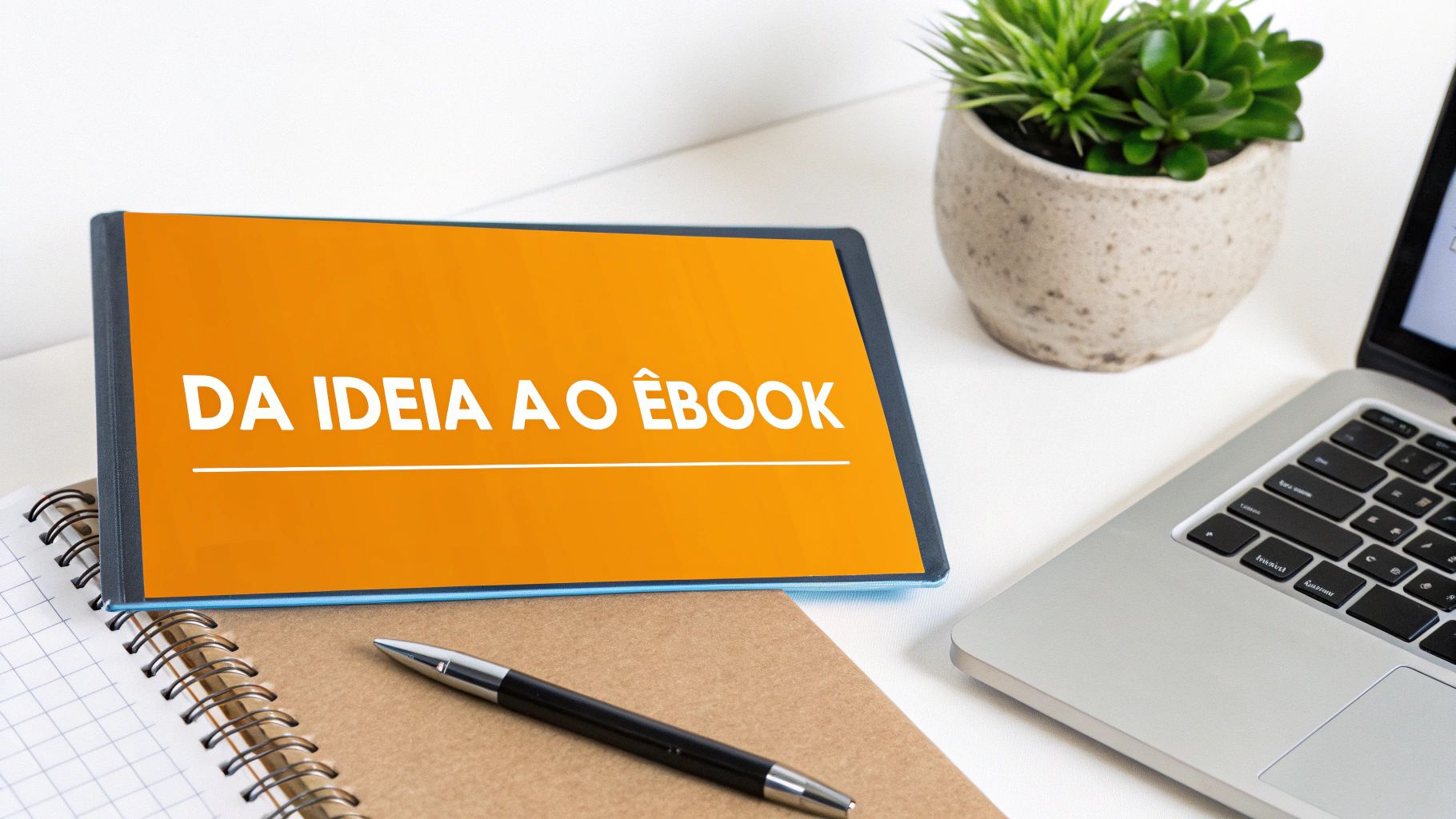 Tablet mostrando texto 'Da Ideia ao Ebook' em laranja sobre mesa com notebook e planta