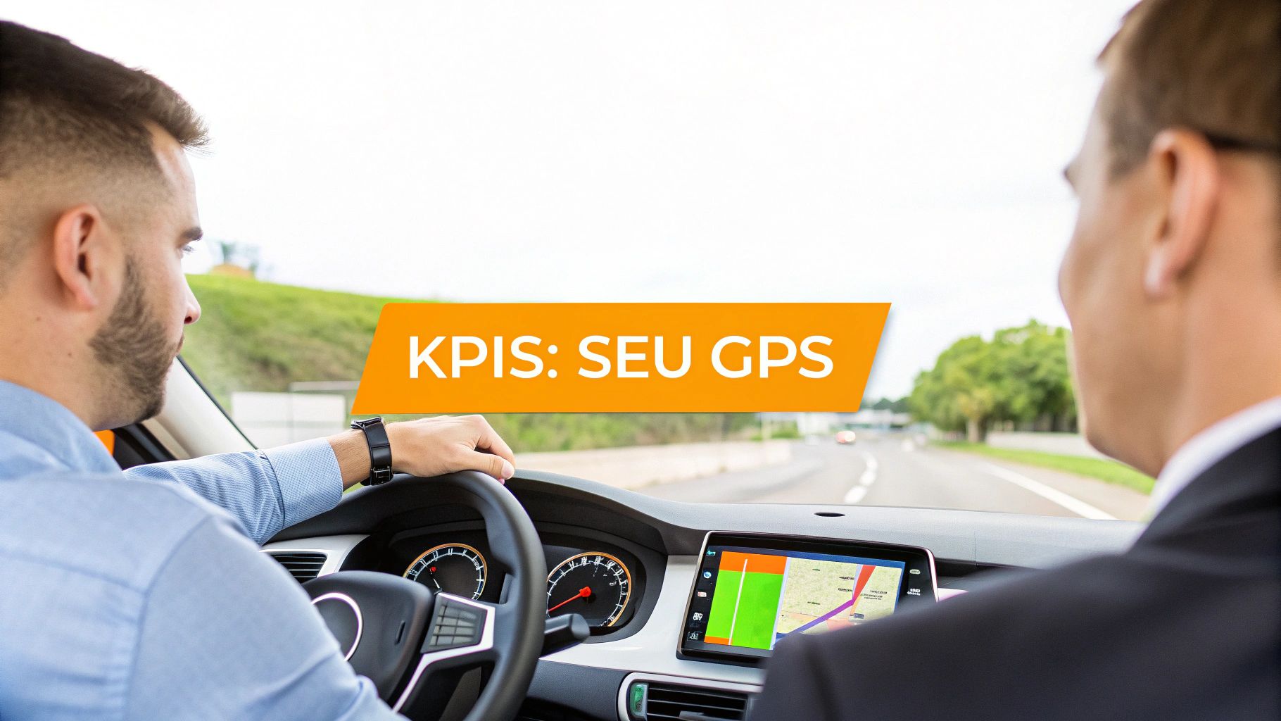 Dois homens em um carro, um dirigindo e outro no banco do passageiro, com GPS na tela e o texto 'KPIs: Seu GPS' em destaque.