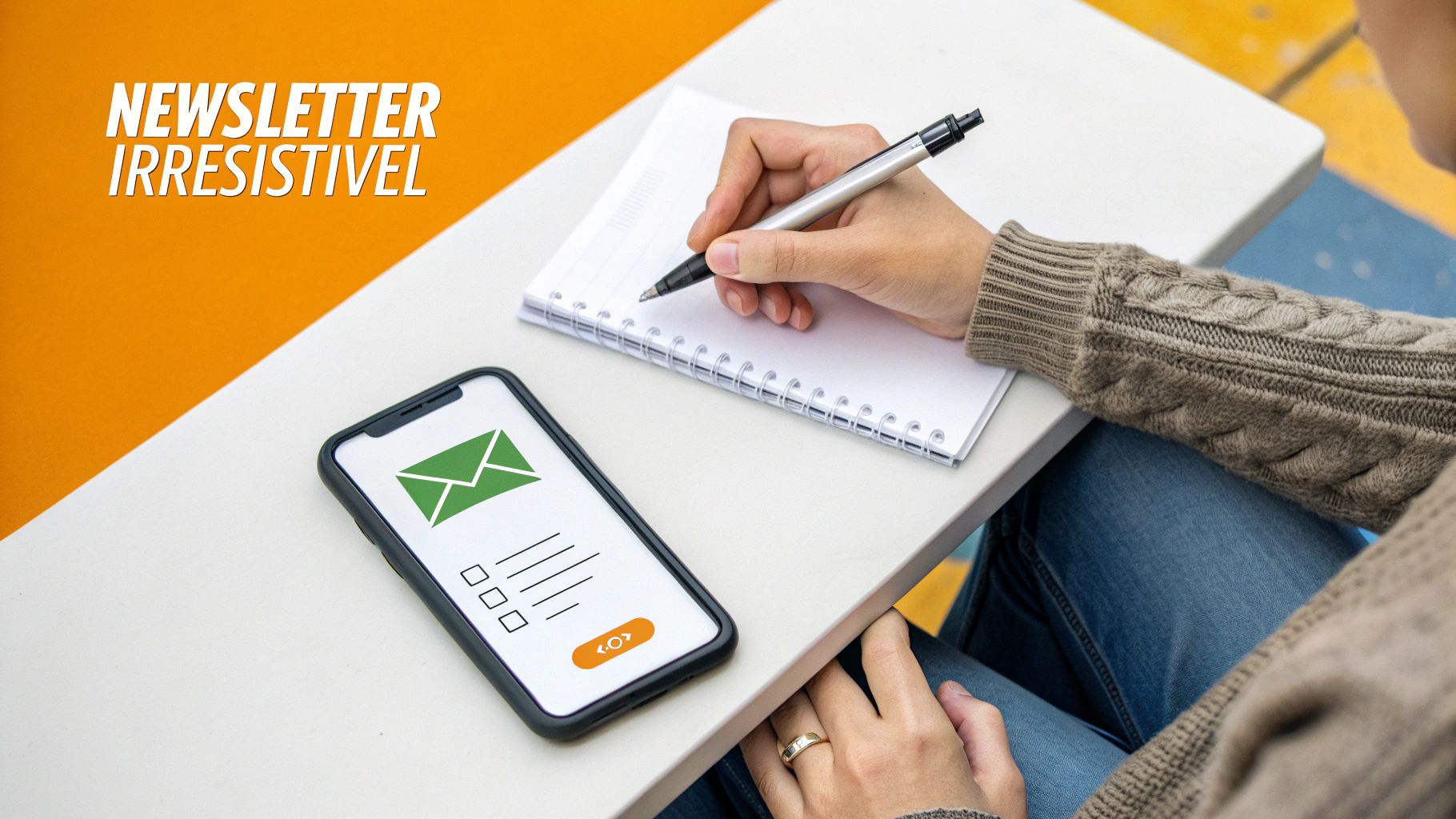 Pessoa escrevendo em caderno com celular mostrando ícone de newsletter e botão de envio