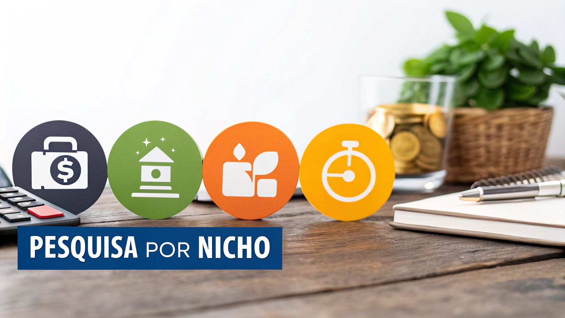 Pesquisa por nicho com ícones representando finanças, negócios, crescimento e tempo sobre mesa de trabalho
