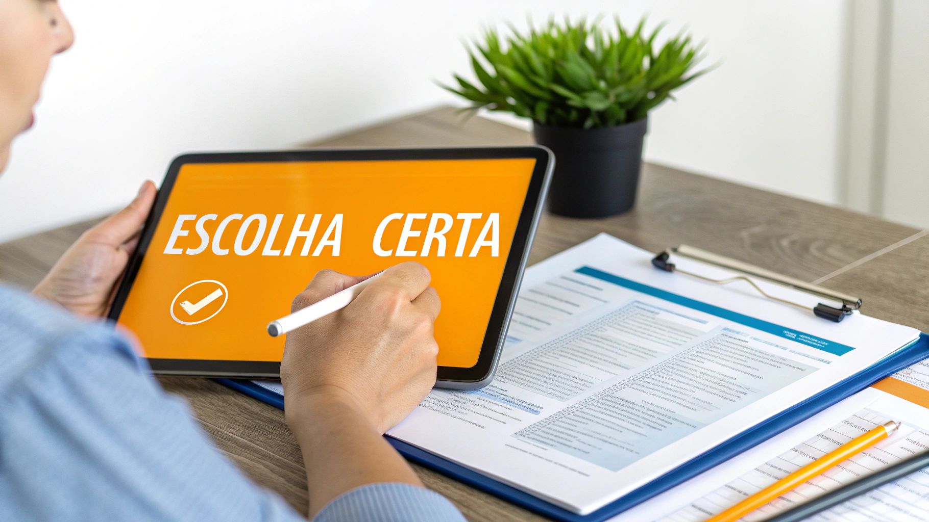 Pessoa interagindo com tablet exibindo 'Escolha Certa' e um checklist, em um ambiente de trabalho com documentos.