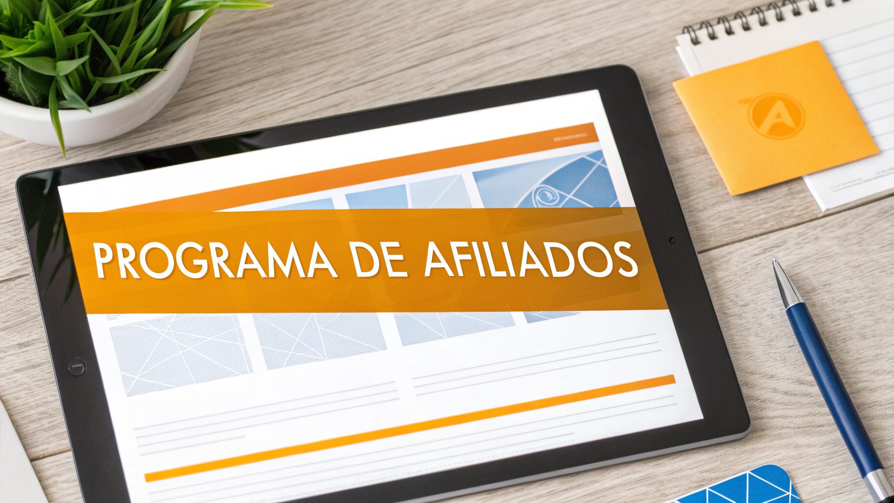 Tablet em uma mesa de trabalho exibindo 'PROGRAMA DE AFILIADOS' em um banner laranja, com caneta e planta.