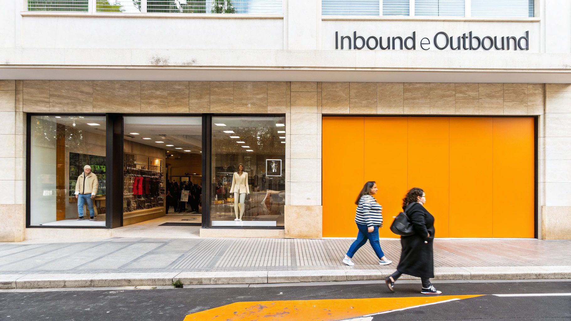 Fachada de loja Inbound e Outbound com vitrines, manequins e uma grande porta laranja. Duas mulheres caminham na calçada.